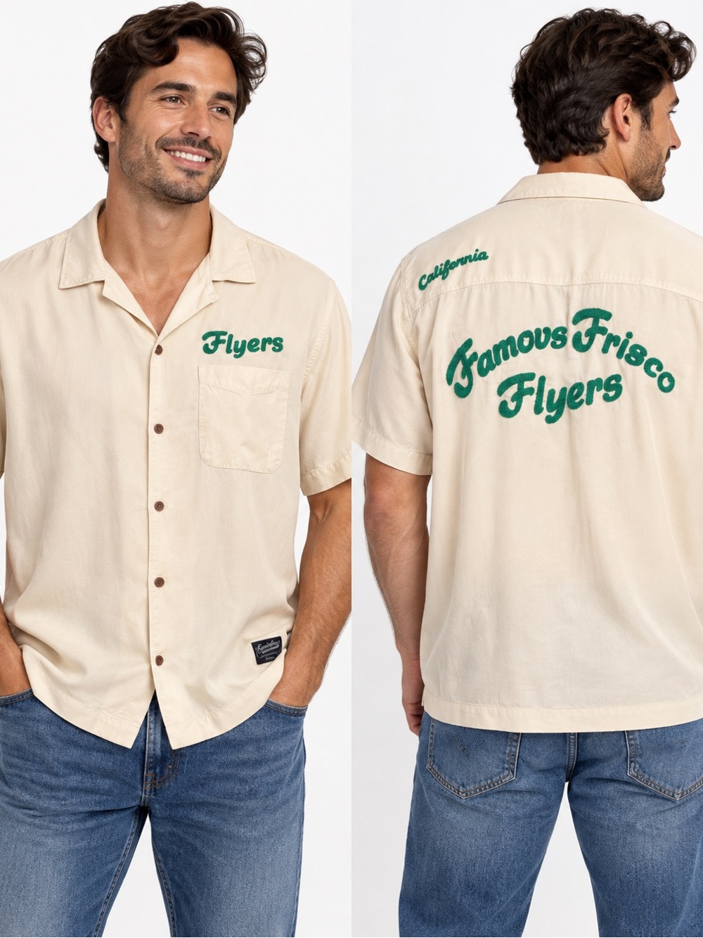 Superdry Beige Short-Sleeve button down Shirt with Green Script L